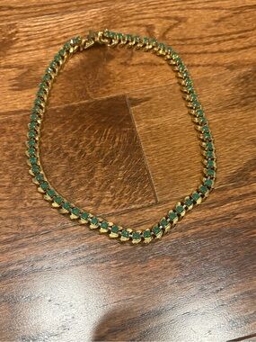 Vintage Gold Tone Green Stone Statement Necklace | Cuban Link Chain